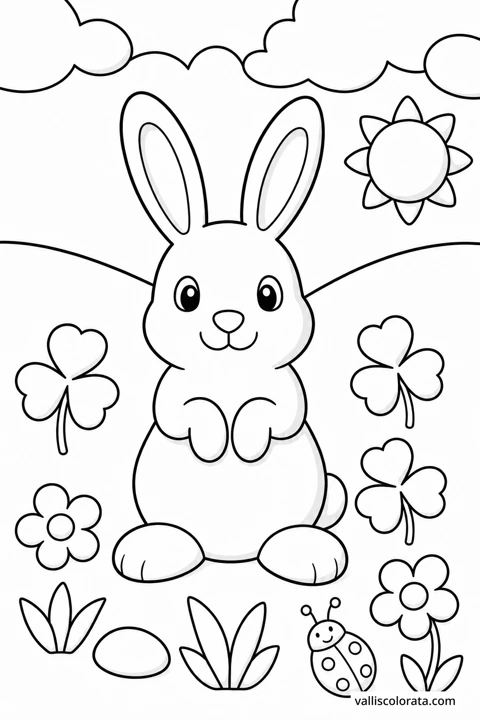 A round rabbit sits in a flower-filled meadow with a ladybird and the sun overhead.