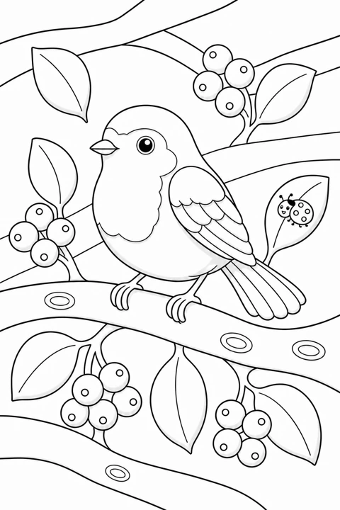 A European robin perches on a branch among broad leaves, berries and a ladybird.