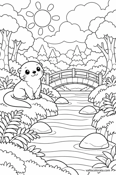 Little Bridge over the Brook. A Kawaii coloring page from Forest Pause. Download the branded PNG or A4 PDF.