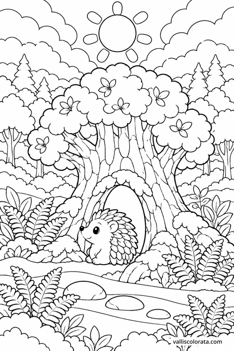 Hollow Tree Rest. A Kawaii coloring page from Forest Pause. Download the branded PNG or A4 PDF.