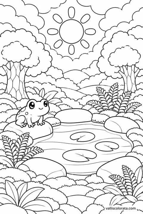 Woodland Pool. A Kawaii coloring page from Forest Pause. Download the branded PNG or A4 PDF.