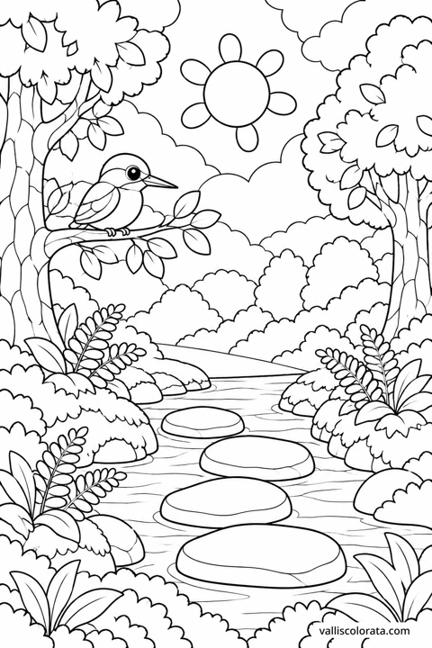 Pebbles in the Shallow Brook. A Kawaii coloring page from Forest Pause. Download the branded PNG or A4 PDF.