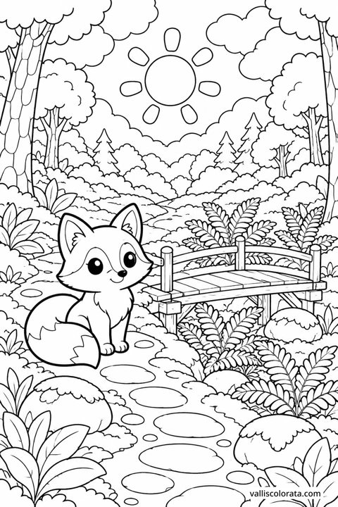 Ferns beneath the Footbridge. A Kawaii coloring page from Forest Pause. Download the branded PNG or A4 PDF.