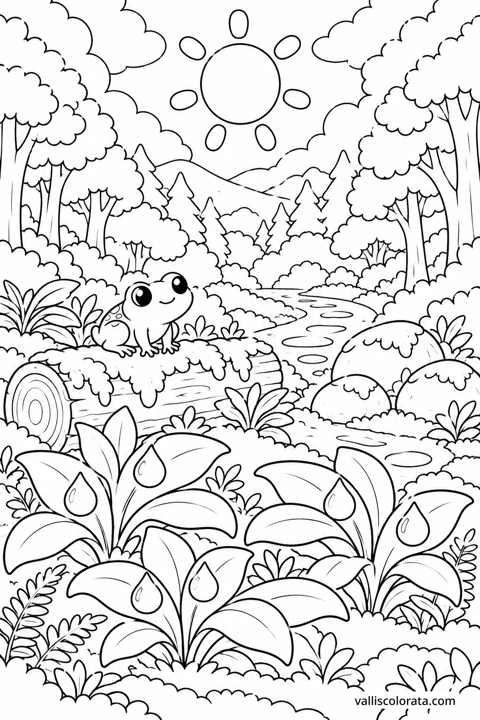 Rain Drops on Broad Leaves. A Kawaii coloring page from Forest Pause. Download the branded PNG or A4 PDF.