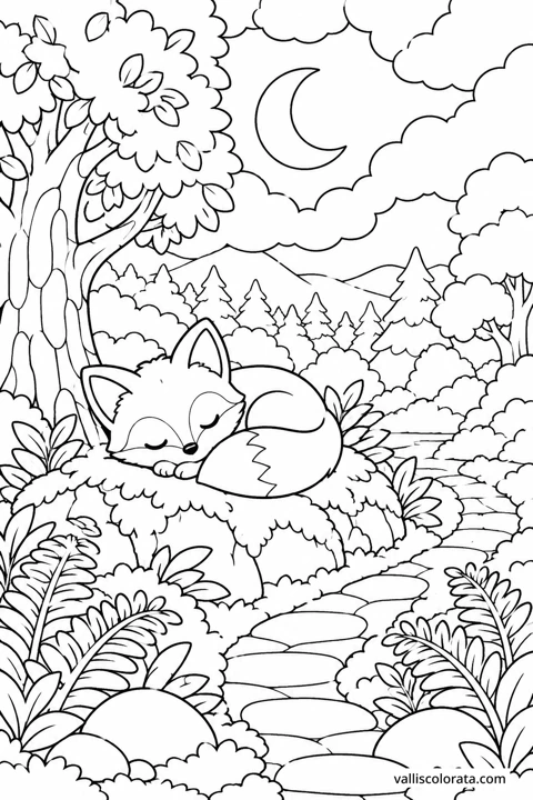 Moon above the Forest Rest. A Kawaii coloring page from Forest Pause. Download the branded PNG or A4 PDF.