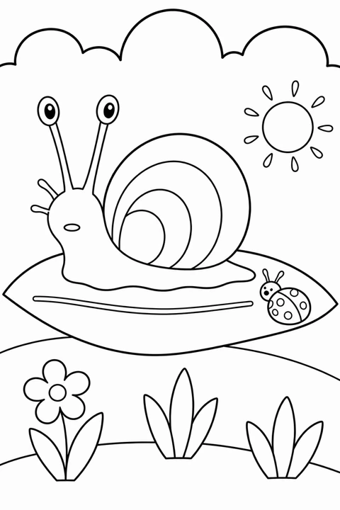 A friendly snail rests on a leaf beside a ladybird, with flowers and rounded clouds.