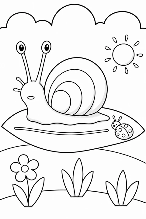 A friendly snail rests on a leaf beside a ladybird, with flowers and rounded clouds.