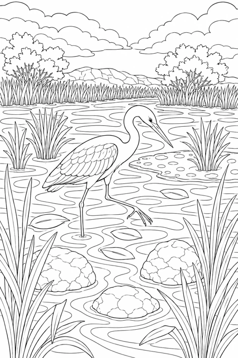 A grey heron stands in a coastal salt marsh with reeds, water channels and distant hills.