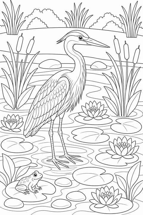 A grey heron stands among reeds, lily pads and water lilies, with a frog near the water.