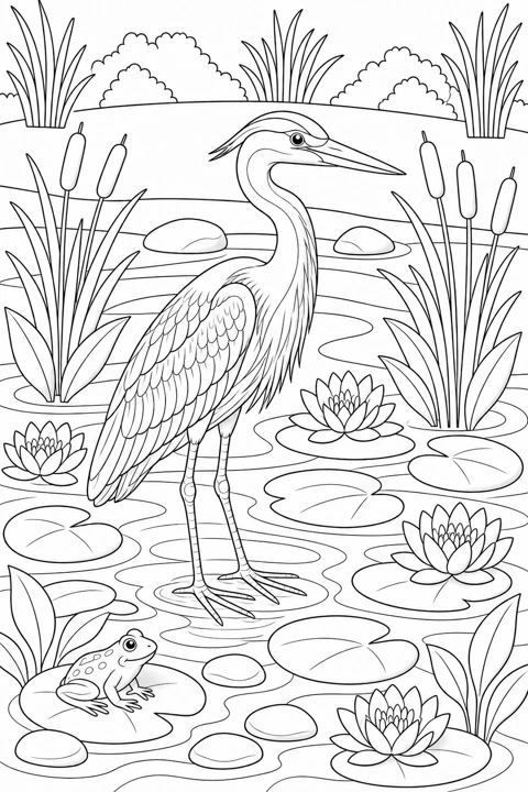 A grey heron stands among reeds, lily pads and water lilies, with a frog near the water.