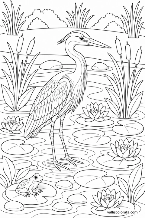 A grey heron stands among reeds, lily pads and water lilies, with a frog near the water.