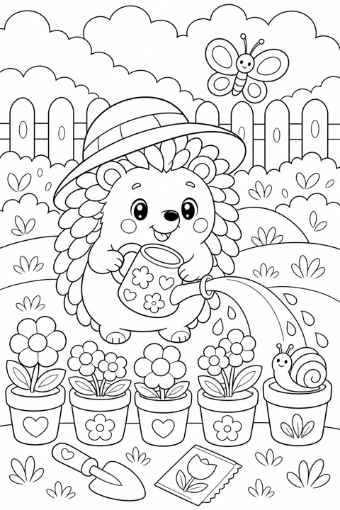 A hedgehog in a garden hat tends potted flowers with a watering can and a small snail.
