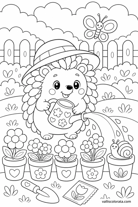 A hedgehog in a garden hat tends potted flowers with a watering can and a small snail.