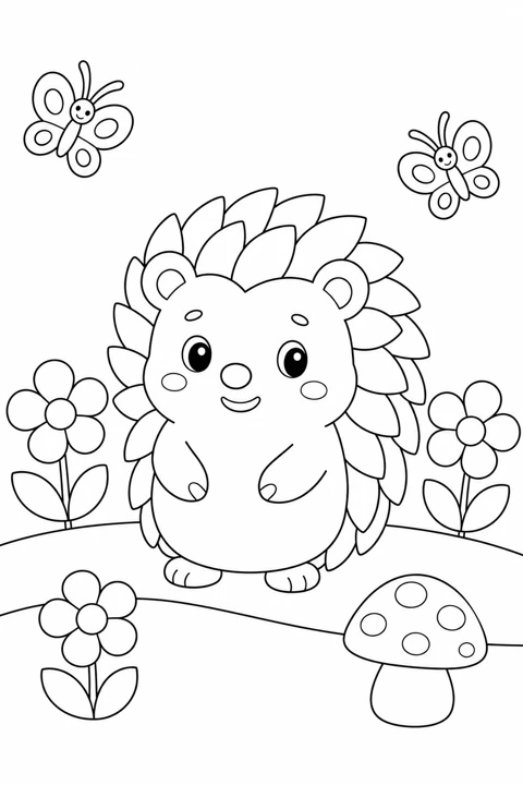 A smiling hedgehog stands among flowers, mushrooms and butterflies.