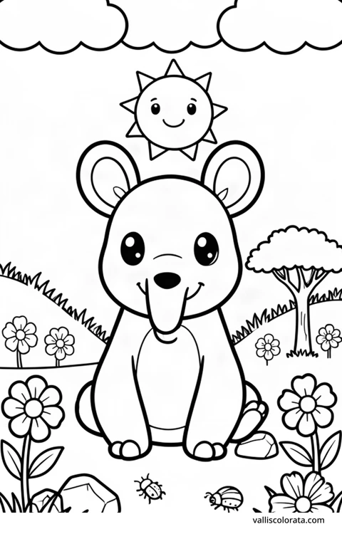 Color a cheerful aardvark in a simple nature scene. A free Kawaii L1 page with open coloring spaces. Download an A4 PDF or branded PNG.