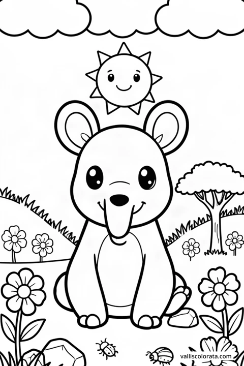 Color a cheerful aardvark in a simple nature scene. A free Kawai L1 page with open coloring spaces. Download an A4 PDF or branded PNG.