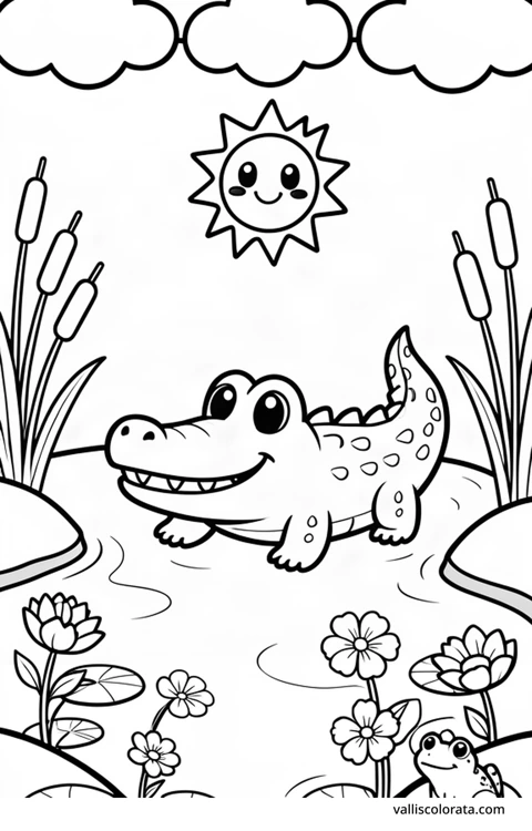 Color a cheerful alligator in a simple nature scene. A free Kawaii L1 page with open coloring spaces. Download an A4 PDF or branded PNG.