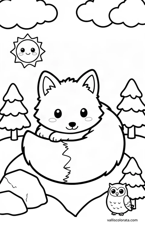 Color a cheerful arctic fox in a simple nature scene. A free Kawaii L1 page with open coloring spaces. Download an A4 PDF or branded PNG.