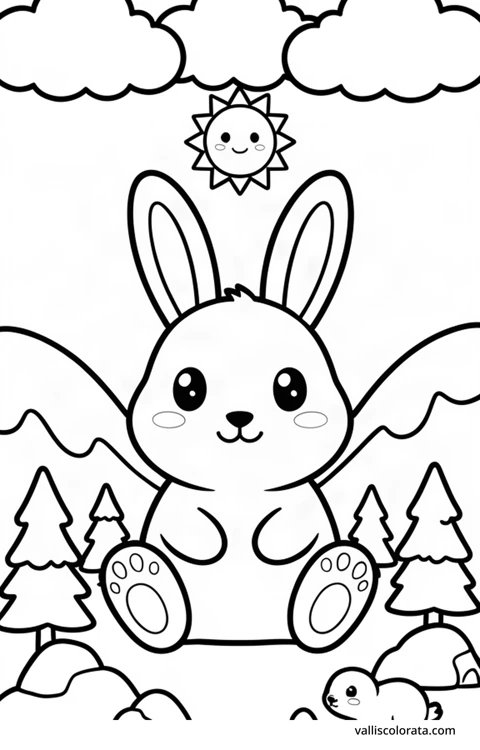 Color a cheerful arctic hare in a simple nature scene. A free Kawaii L1 page with open coloring spaces. Download an A4 PDF or branded PNG.