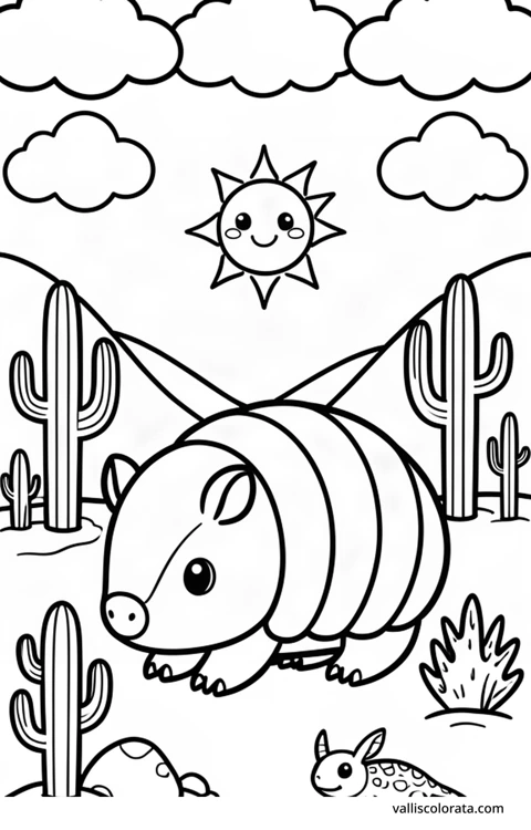 Color a cheerful armadillo in a simple nature scene. A free Kawaii L1 page with open coloring spaces. Download an A4 PDF or branded PNG.