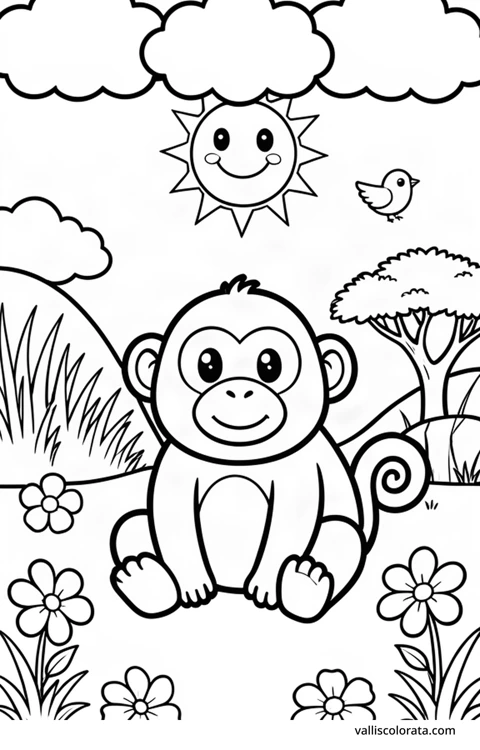 Color a cheerful baboon in a simple nature scene. A free Kawaii L1 page with open coloring spaces. Download an A4 PDF or branded PNG.