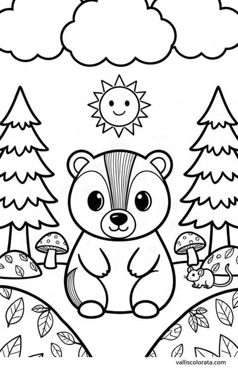 Color a cheerful badger in a simple nature scene. A free Kawaii L1 page with open coloring spaces. Download an A4 PDF or branded PNG.