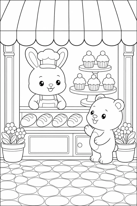 A bunny baker serves a bear customer at a bakery counter filled with bread and cupcakes.