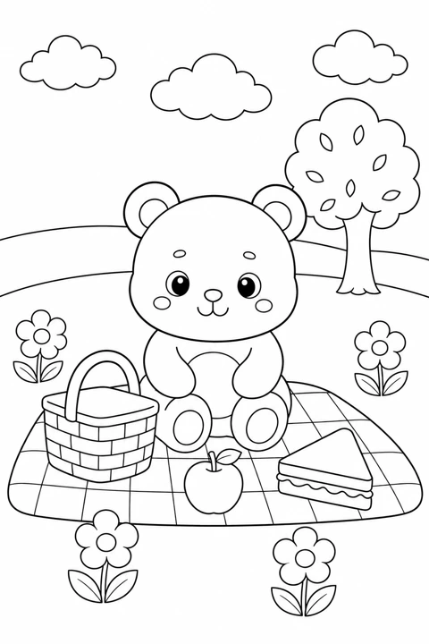 A bear sits on a picnic blanket with a basket, an apple and a sandwich.