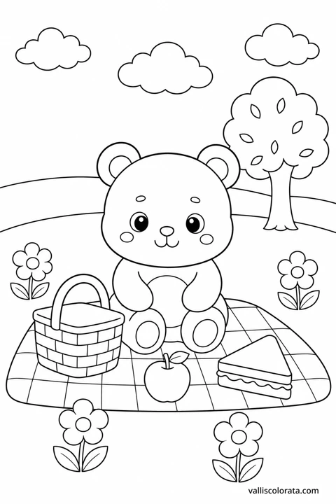 A bear sits on a picnic blanket with a basket, an apple and a sandwich.