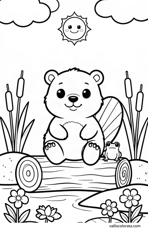 Color a cheerful beaver in a simple nature scene. A free Kawaii L1 page with open coloring spaces. Download an A4 PDF or branded PNG.