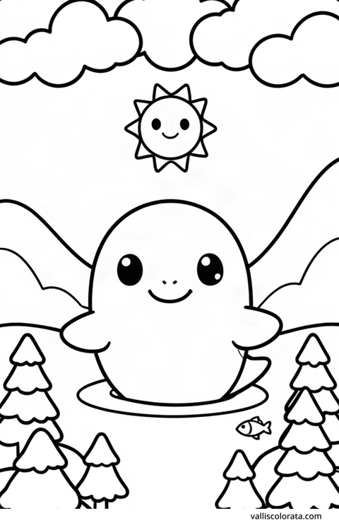 Bojanka: Beluga. Vesela životinja u jednostavnom prizoru iz prirode. Besplatna Kawaii bojanka razine L1 za preuzimanje kao A4 PDF ili PNG s oznakom Vallis Colorata.