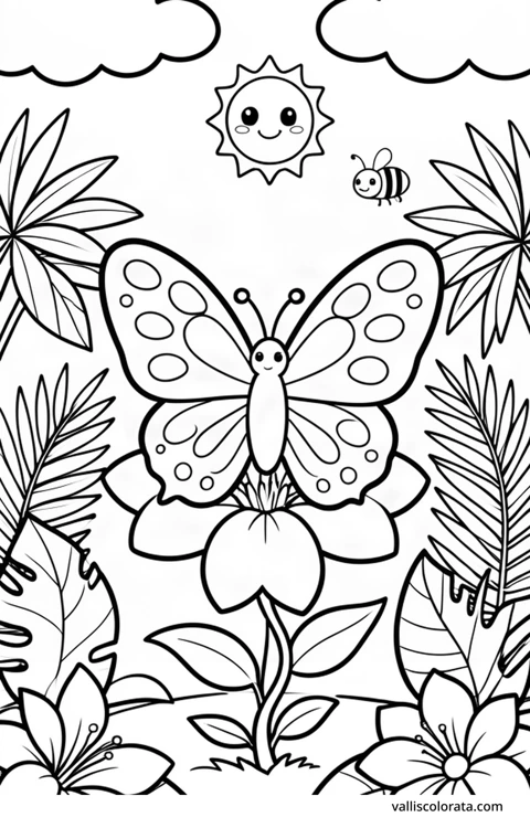 Color a cheerful blue morpho butterfly in a simple nature scene. A free Kawaii L1 page with open coloring spaces. Download an A4 PDF or branded PNG.