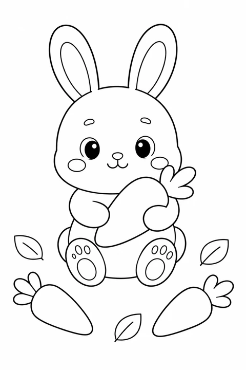 A bunny hugs a carrot while two more carrots rest beside it among scattered leaves.
