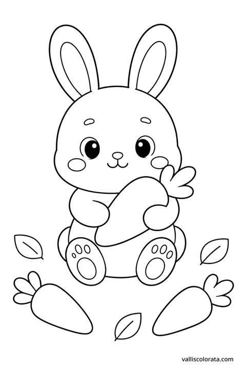 A bunny hugs a carrot while two more carrots rest beside it among scattered leaves.