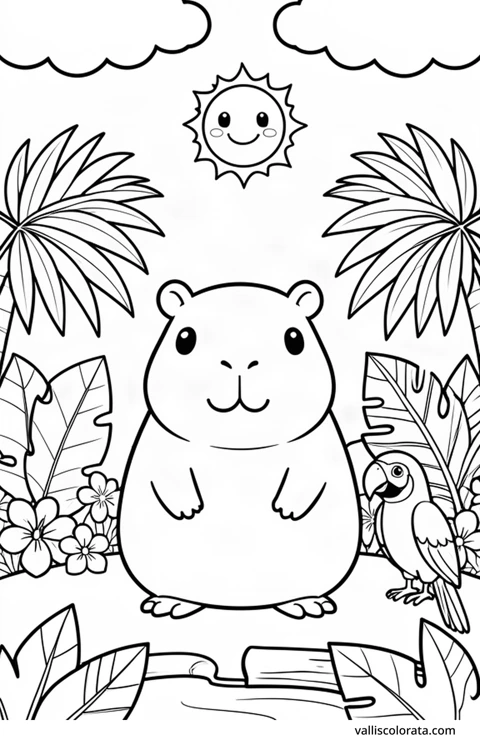 Color a cheerful capybara in a simple nature scene. A free Kawaii L1 page with open coloring spaces. Download an A4 PDF or branded PNG.