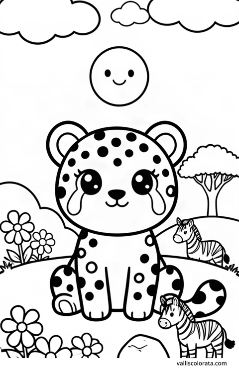 Color a cheerful cheetah in a simple nature scene. A free Kawaii L1 page with open coloring spaces. Download an A4 PDF or branded PNG.
