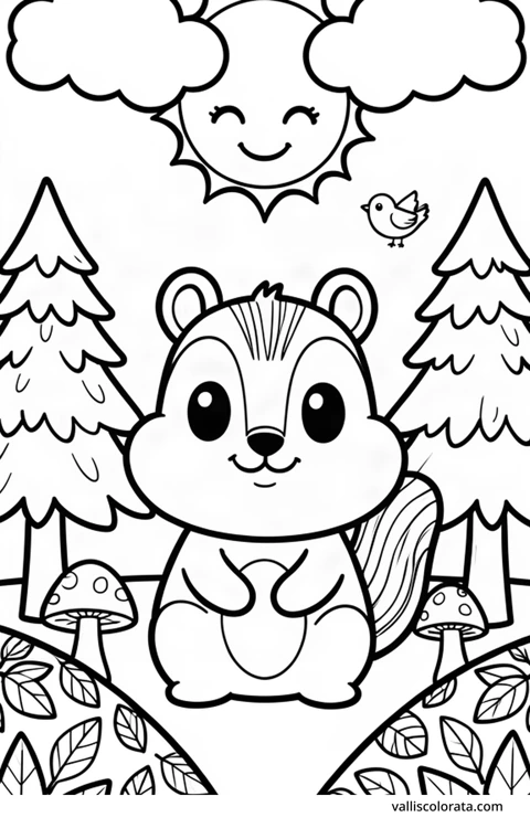 Color a cheerful chipmunk in a simple nature scene. A free Kawaii L1 page with open coloring spaces. Download an A4 PDF or branded PNG.