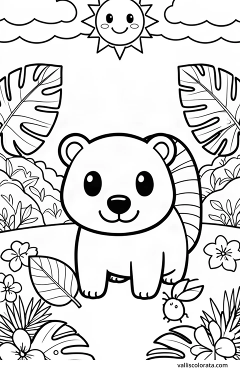 Color a cheerful coati in a simple nature scene. A free Kawaii L1 page with open coloring spaces. Download an A4 PDF or branded PNG.