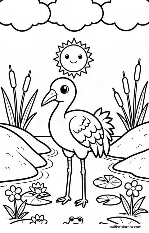 Color a cheerful crane in a simple nature scene. A free Kawaii L1 page with open coloring spaces. Download an A4 PDF or branded PNG.