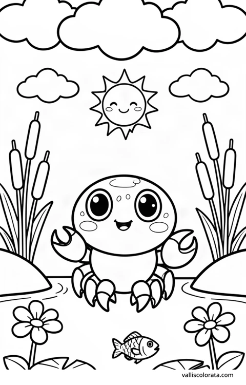 Bojanka: Riječni rak. Vesela životinja u jednostavnom prizoru iz prirode. Besplatna Kawaii bojanka razine L1 za preuzimanje kao A4 PDF ili PNG s oznakom Vallis Colorata.
