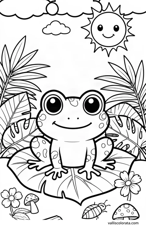 Color a cheerful dart frog in a simple nature scene. A free Kawaii L1 page with open coloring spaces. Download an A4 PDF or branded PNG.