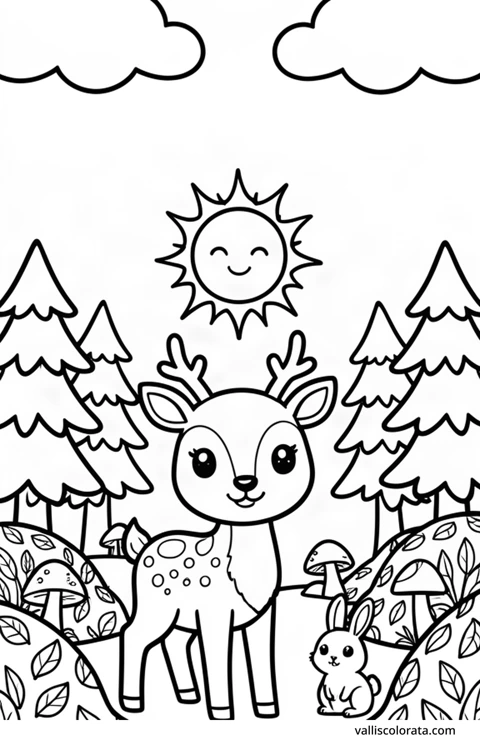 Color a cheerful deer in a simple nature scene. A free Kawaii L1 page with open coloring spaces. Download an A4 PDF or branded PNG.