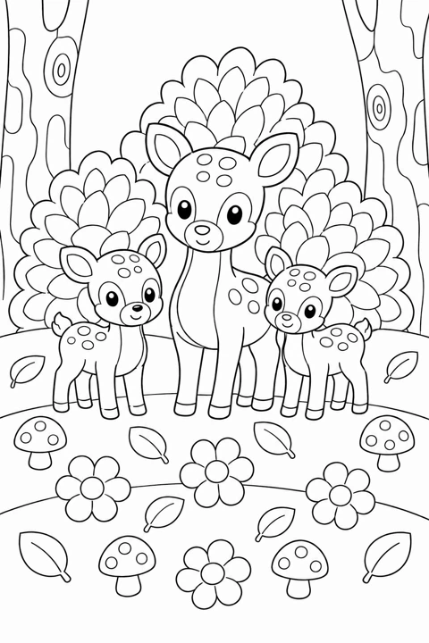 A deer family gathers among woodland trees, leafy plants, mushrooms and flowers.