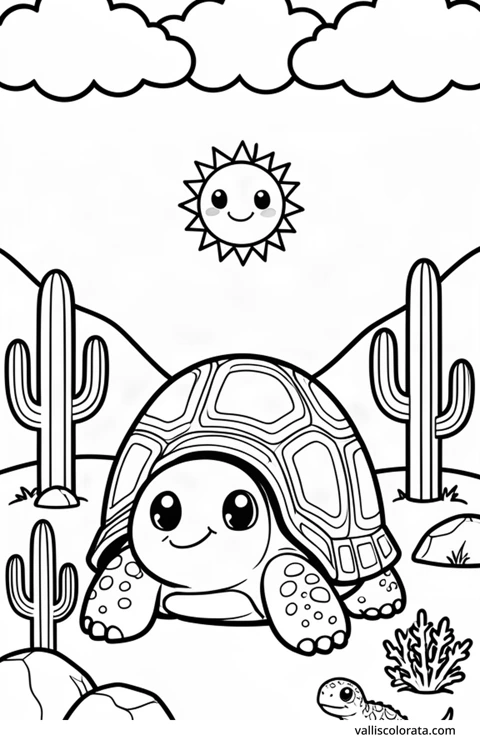 Color a cheerful desert tortoise in a simple nature scene. A free Kawaii L1 page with open coloring spaces. Download an A4 PDF or branded PNG.