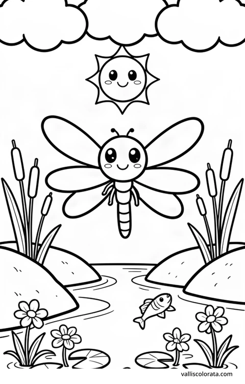 Bojanka: Vretence. Vesela životinja u jednostavnom prizoru iz prirode. Besplatna Kawaii bojanka razine L1 za preuzimanje kao A4 PDF ili PNG s oznakom Vallis Colorata.