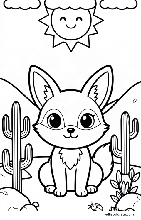 Color a cheerful fennec fox in a simple nature scene. A free Kawaii L1 page with open coloring spaces. Download an A4 PDF or branded PNG.