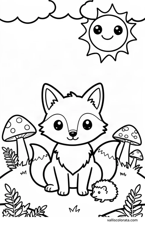 Color a cheerful fox in a simple nature scene. A free Kawaii L1 page with open coloring spaces. Download an A4 PDF or branded PNG.