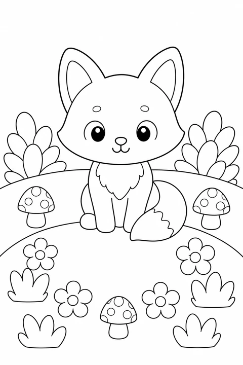 A friendly fox sits in a clearing with mushrooms, flowers, grass and rounded bushes.