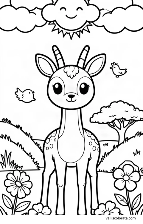 Color a cheerful gazelle in a simple nature scene. A free Kawaii L1 page with open coloring spaces. Download an A4 PDF or branded PNG.