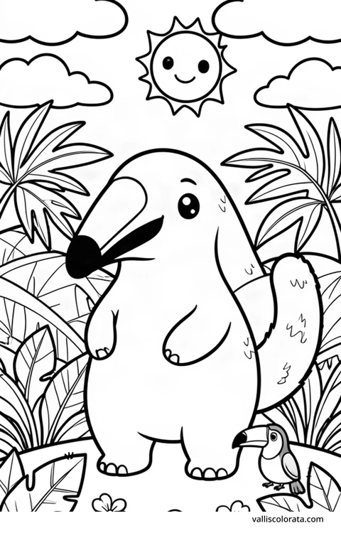 Color a cheerful giant anteater in a simple nature scene. A free Kawaii L1 page with open coloring spaces. Download an A4 PDF or branded PNG.